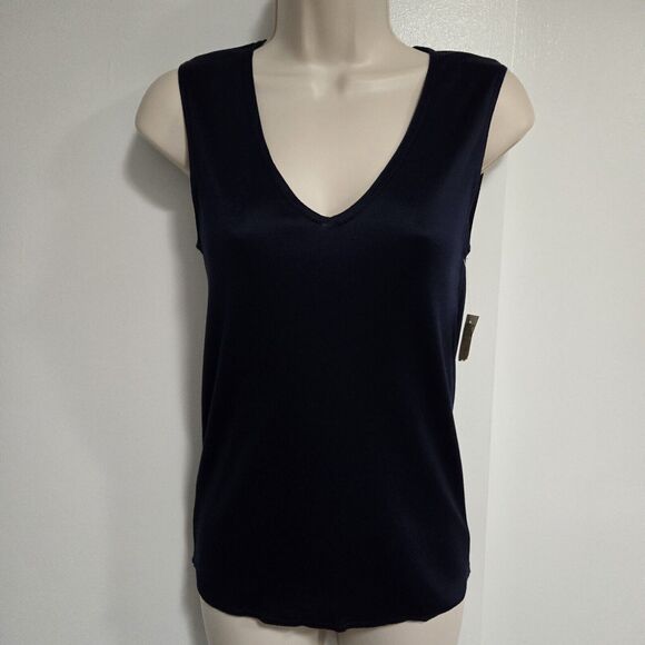 Vintage 80's FLORA‎ KUNG Size 4 True Navy Blue 100% Silk V-neck Tank Top NEW - Picture 1 of 6